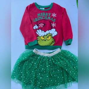 Merry Grinchmas red sweater with grinch face and green tutu skirt. Size 5T.